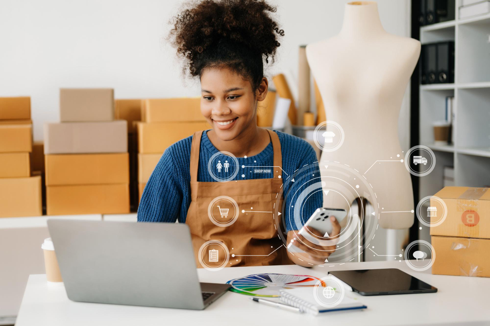Graphic illustrating the dynamic growth of e-commerce with upward trend arrows and digital elements, symbolizing the rapid expansion of online shopping.